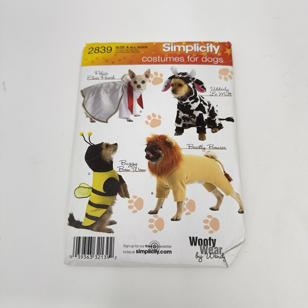 Simplicity 2839 Costumes For Dogs Sewing Pattern Woofy Wear Three Sizes UNCUT